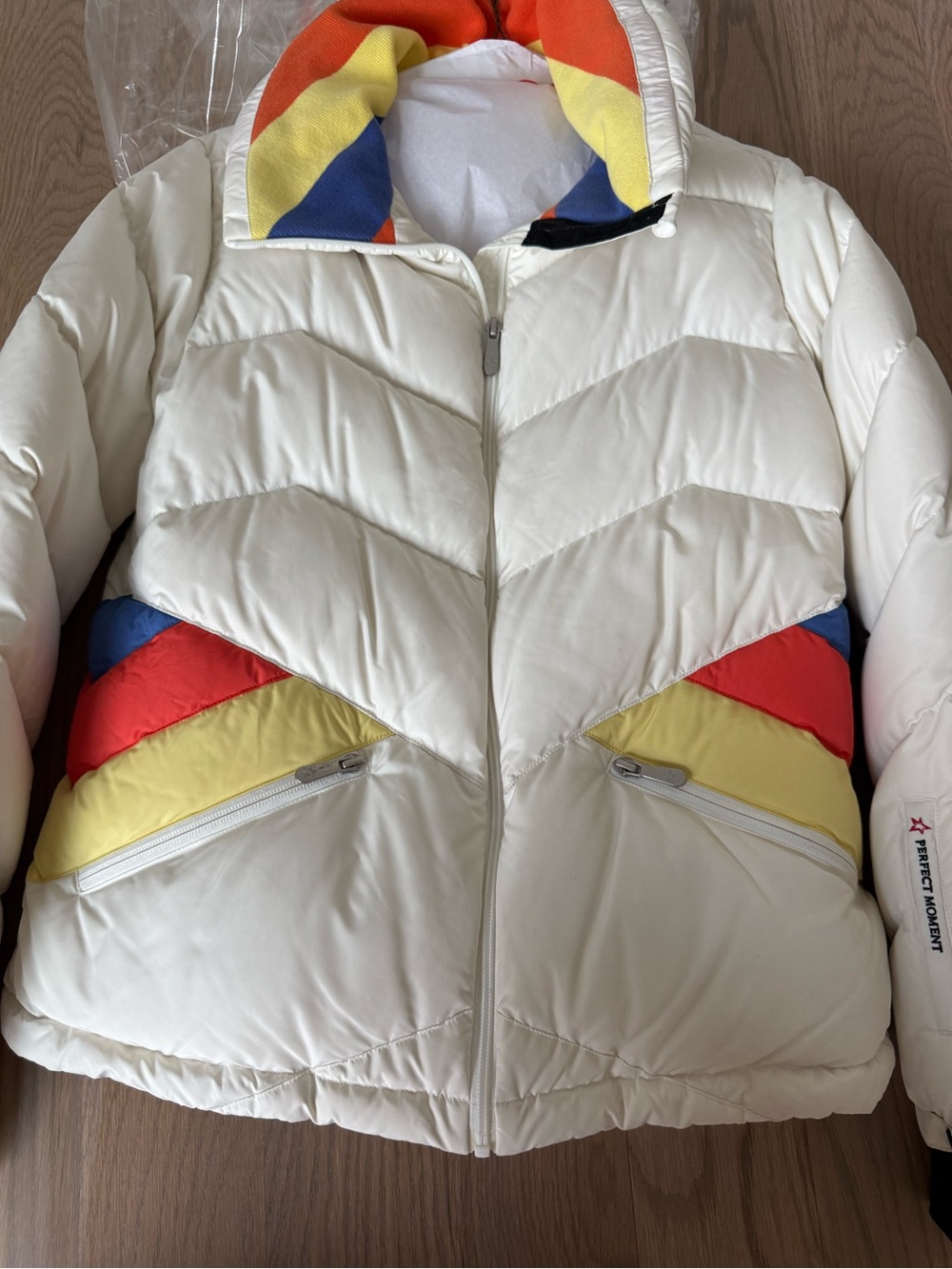 Perfect Moment Cream Puffer Ski Jacket with Colorblock Red, Yellow & Blue Accent - Picture 2 of 4